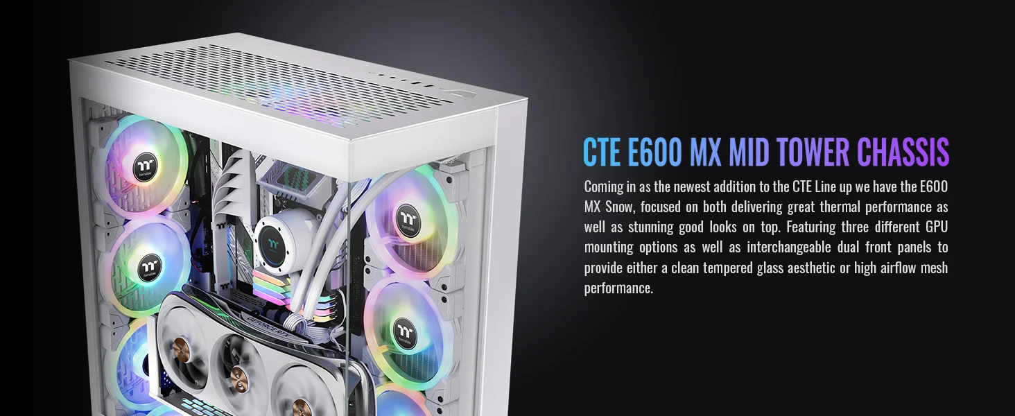 هيكل كمبيوتر Thermaltake CTE E600 MX E-ATX ميد تاور مع حامل بطاقة رسومية عائم ثلاثي الاتجاهات وكابل PCIe 4.0 بطول 400 مم - أبيض - Thumbnail 8