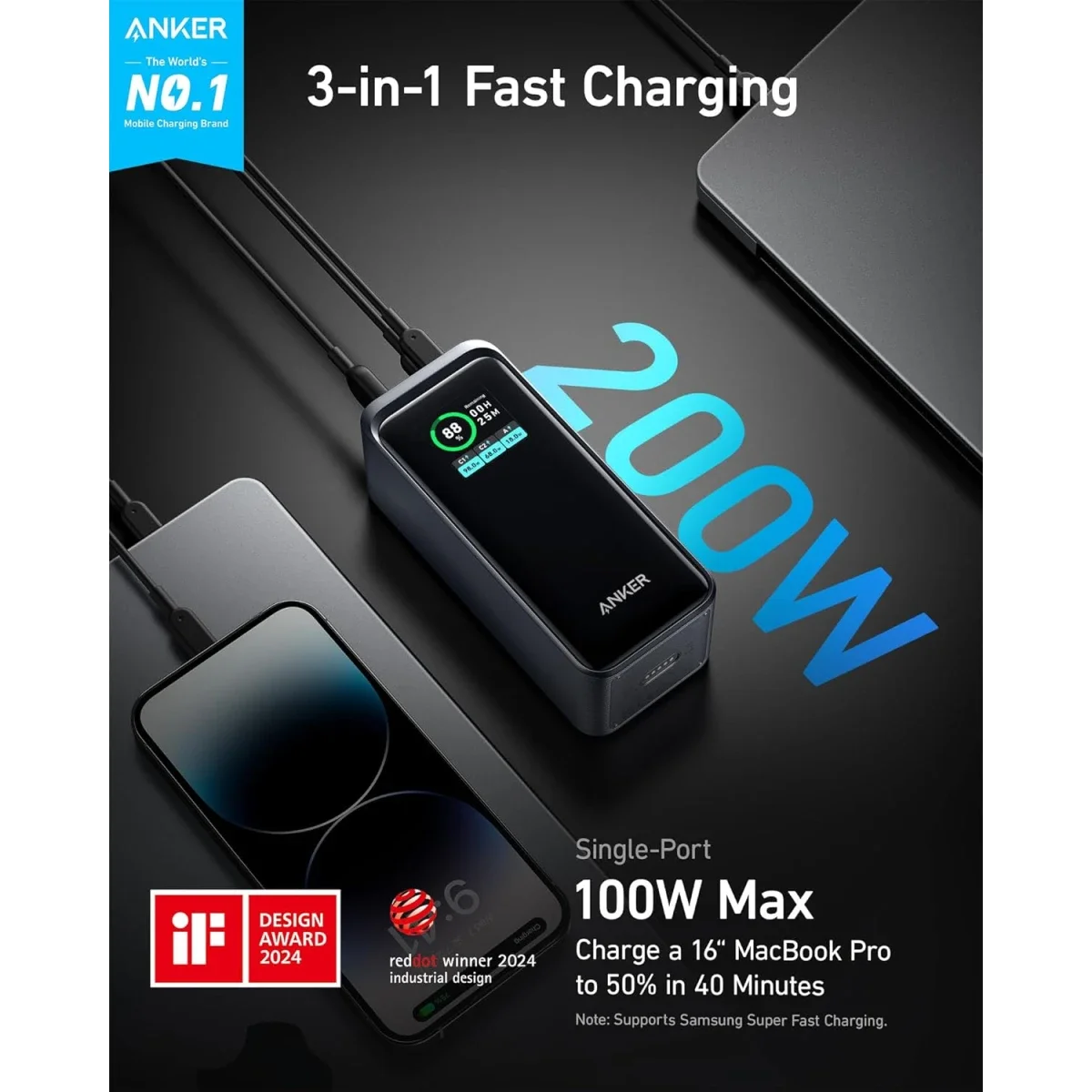 Anker Prime 20,000mAh 200W Portable Power Bank Laptop Charger Black - Image 6