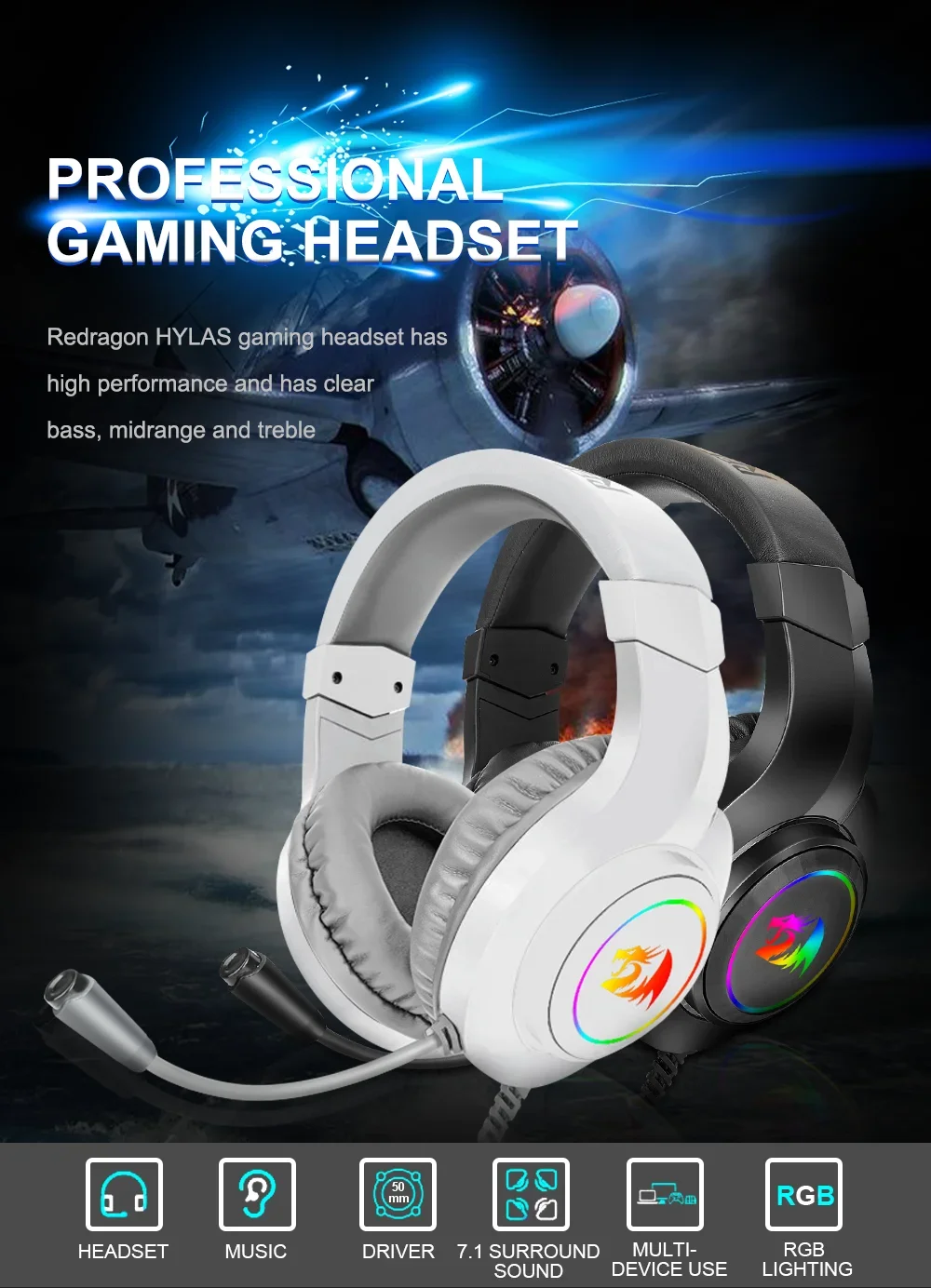 Redragon H260 Hylas Pink RGB Gaming Headset with Microphone - Thumbnail 7