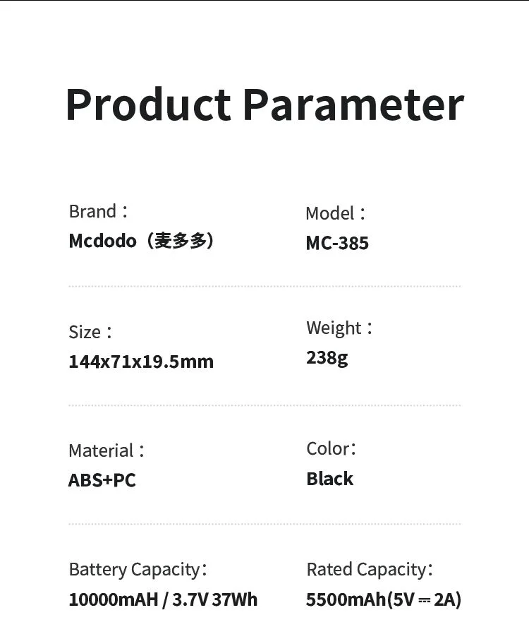 باور بانك Mcdodo MC-3850 بسعة 10000mAh وقدرة 30W مع شاشة LED ومنفذي USB-C ومنفذ USB-A، أسود - Thumbnail 19