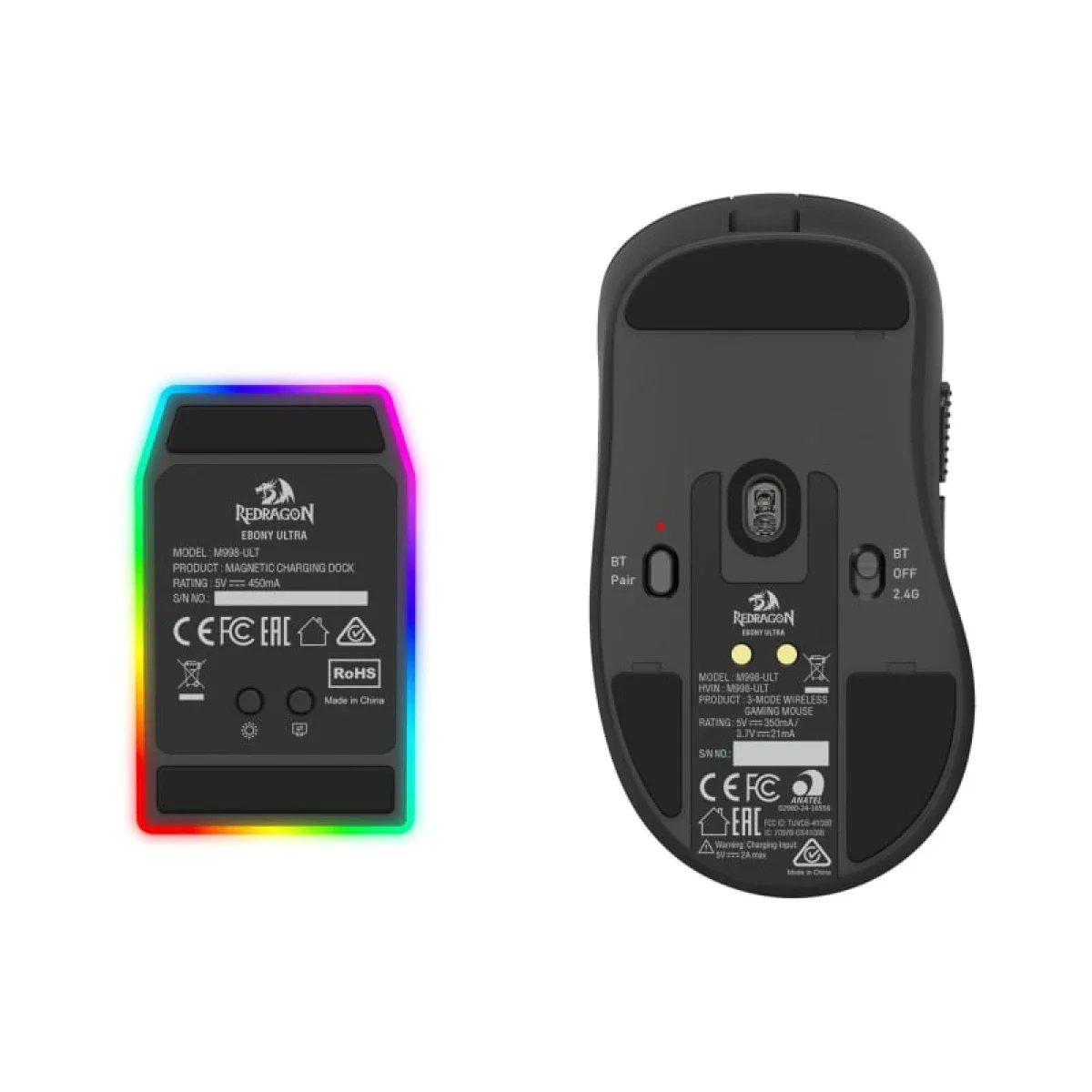 ماوس ألعاب Redragon M998 فائق الخفة ثلاثي الاتصال مع قاعدة شحن RGB ومستشعر PAW3950 ودقة 30000 DPI، أسود - Thumbnail 7