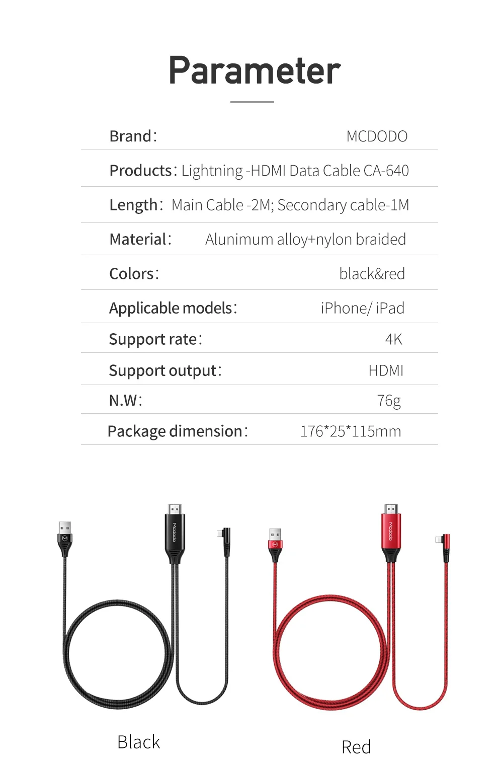 Mcdodo CA-6400 Lightning to HDMI 4K Adapter Cable with USB Port 2M for iPhone iPad - Image 18