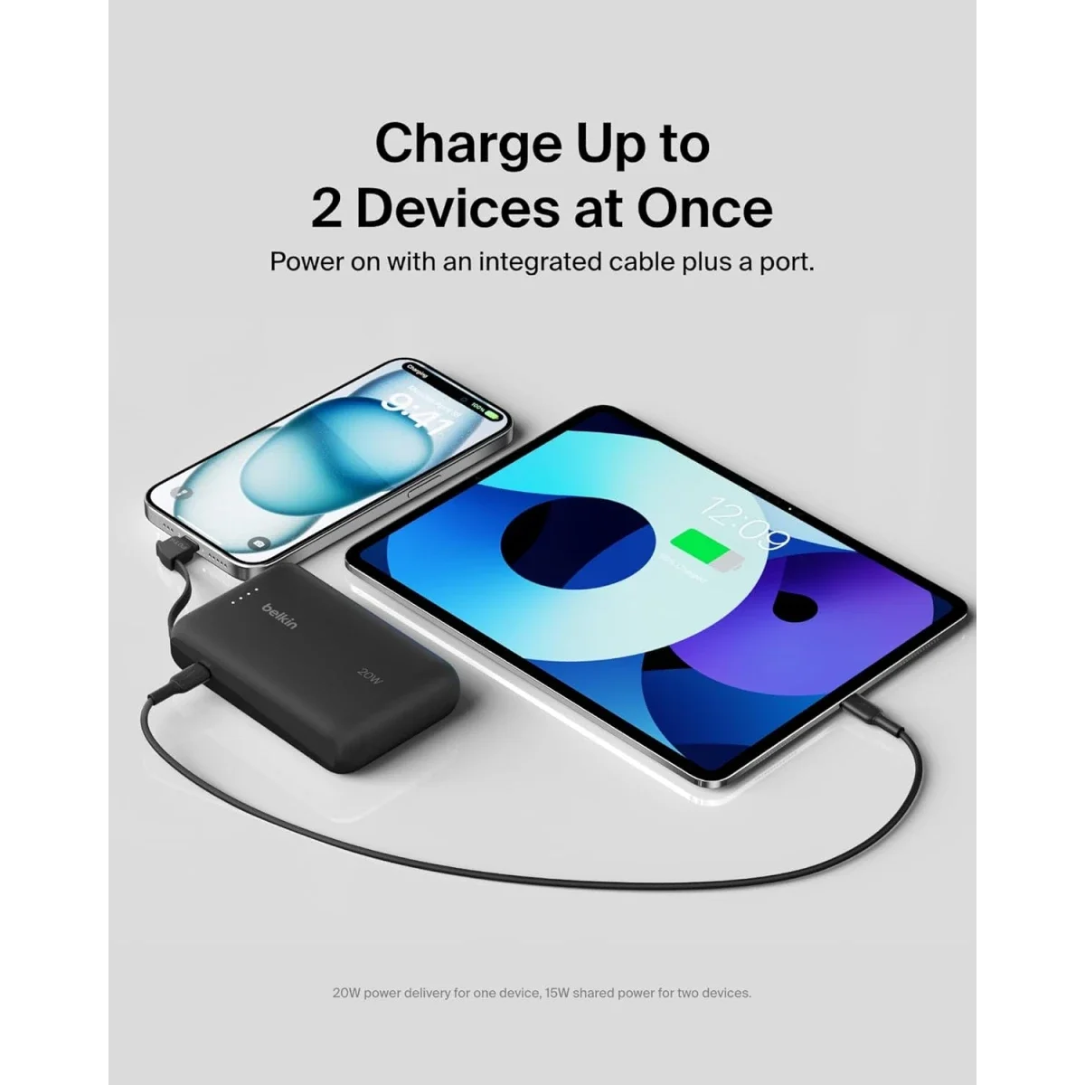 بطارية محمولة Belkin BoostCharge بسعة 10000mAh مع كابل USB-C مدمج وشحن PD بقوة 20W - أسود - Thumbnail 4