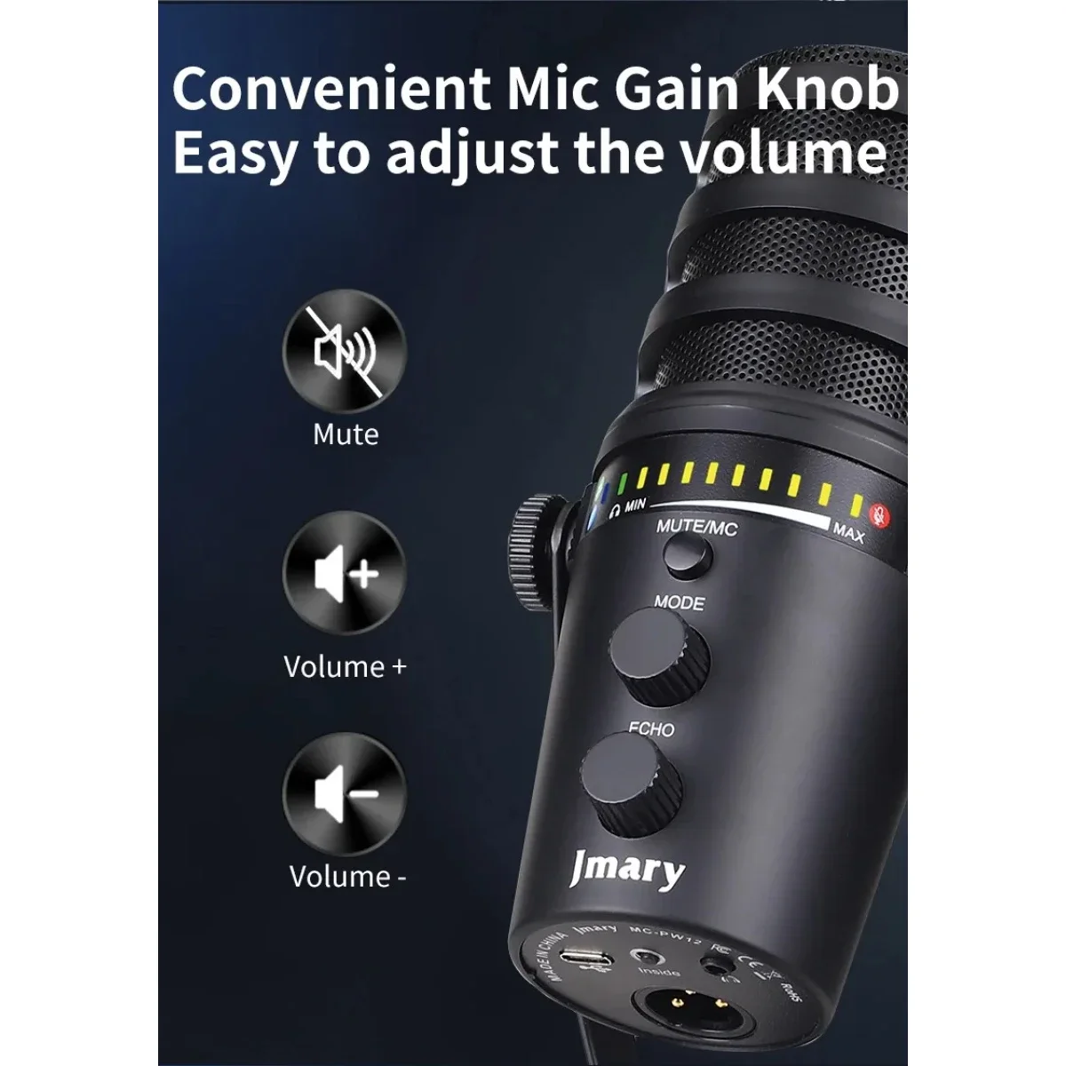 Jmary MC-PW12 USB Cardioid Desktop Microphone with Mute & Zero-Latency Monitoring - Image 4