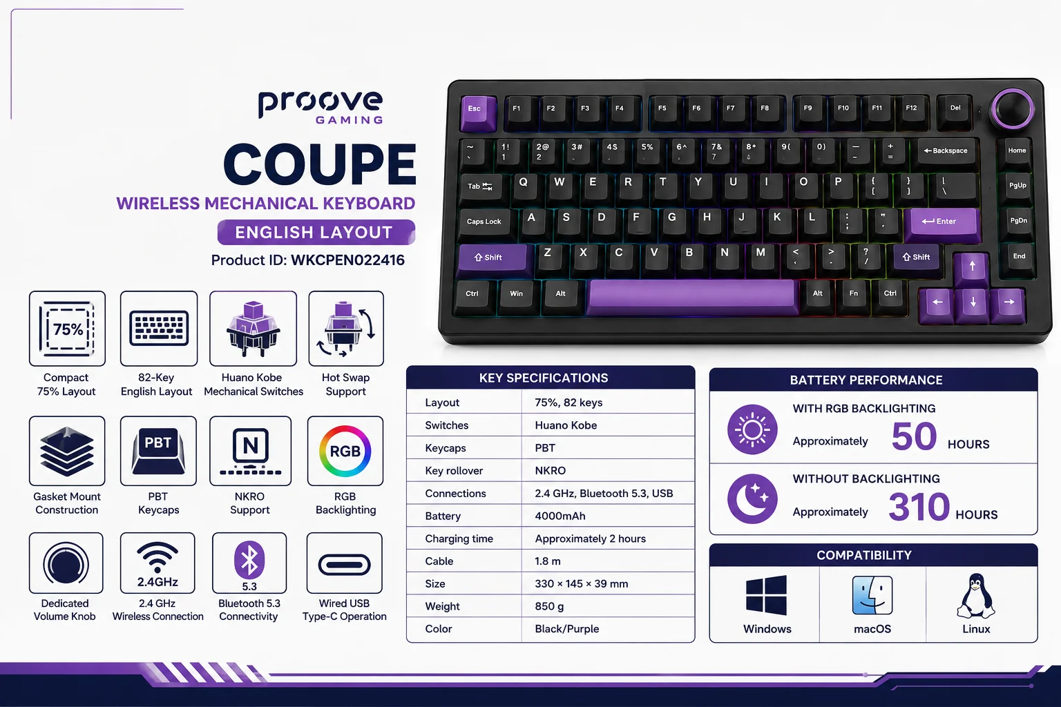 لوحة مفاتيح ألعاب Proove Coupe ميكانيكية لاسلكية ثلاثية الاتصال 75% بمفاتيح Huano Kobe، أسود/بنفسجي، WKCPEN022416 - Thumbnail 15
