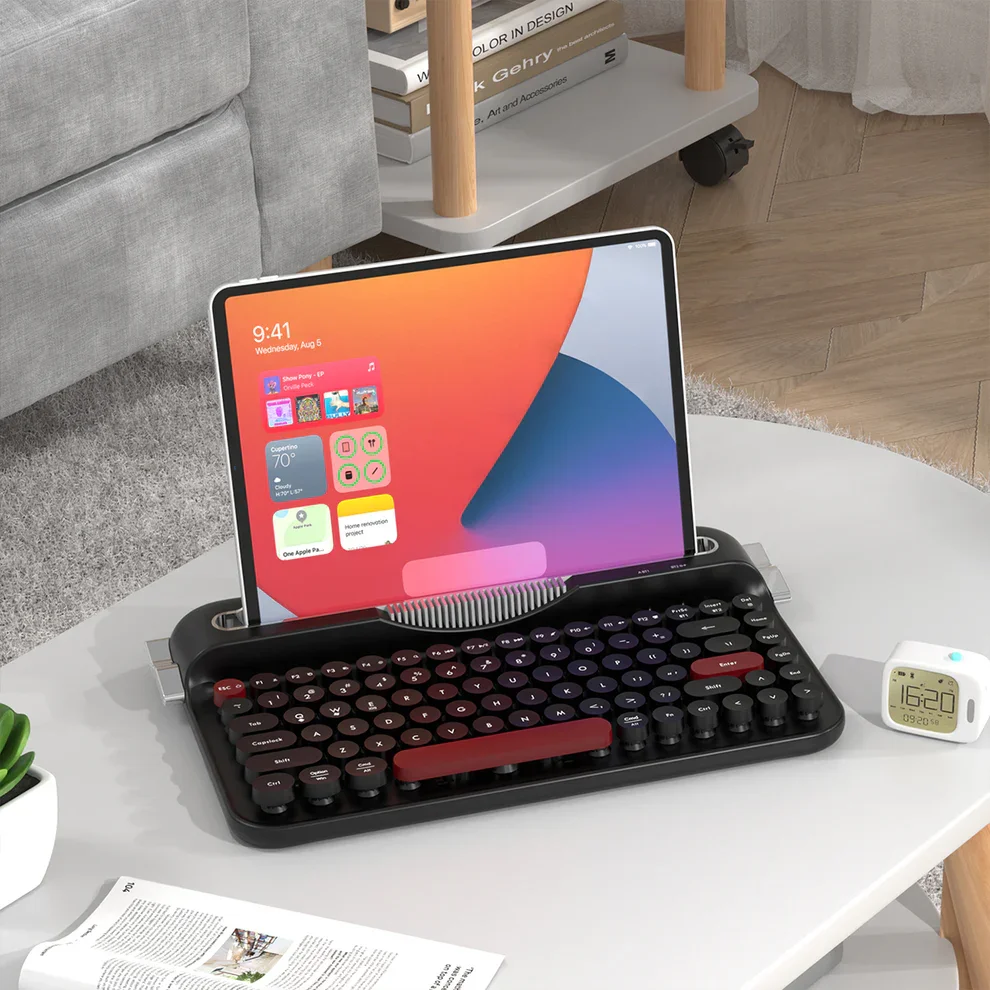 كيبورد AJAZZ AF84 لاسلكي للمكتب بتصميم آلة كاتبة وحامل مدمج، بلوتوث ومستقبل لاسلكي – أسود وأحمر - Thumbnail 2