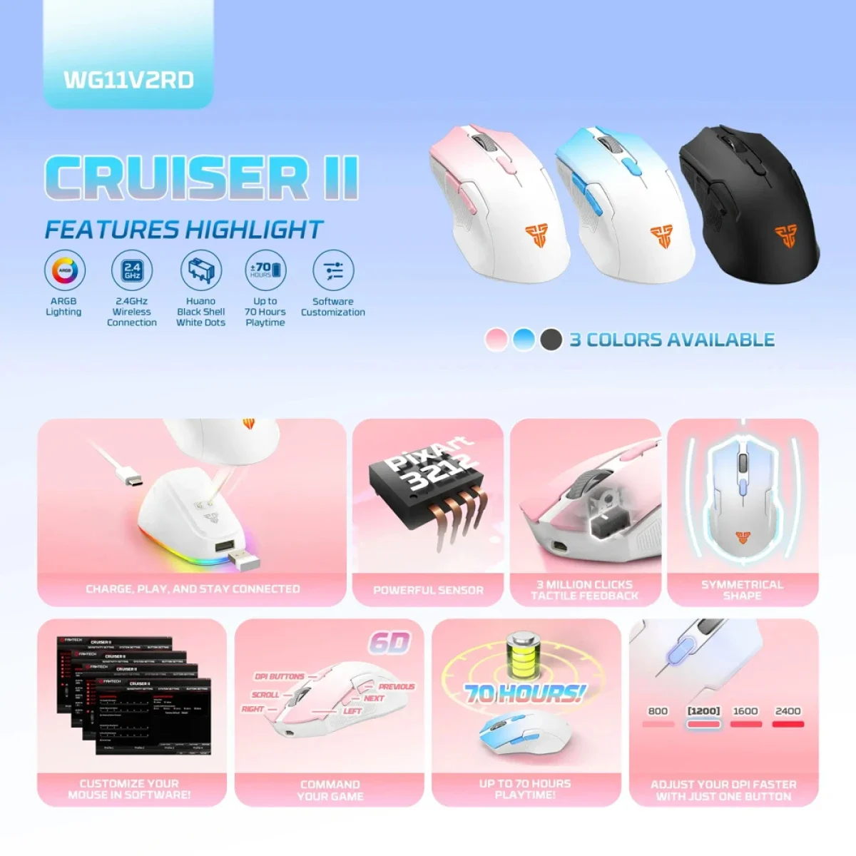 Fantech Cruiser II WG11V2RD Wireless Gaming Mouse 2400 DPI with Charging Dock - Blue - Image 6