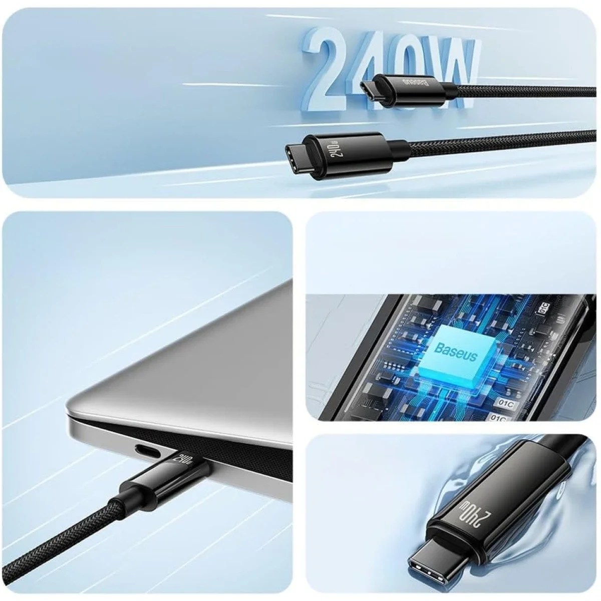 كابل Baseus Tungsten Gold USB-C إلى USB-C للشحن السريع ونقل البيانات 240W بطول 3 متر أسود - Thumbnail 6