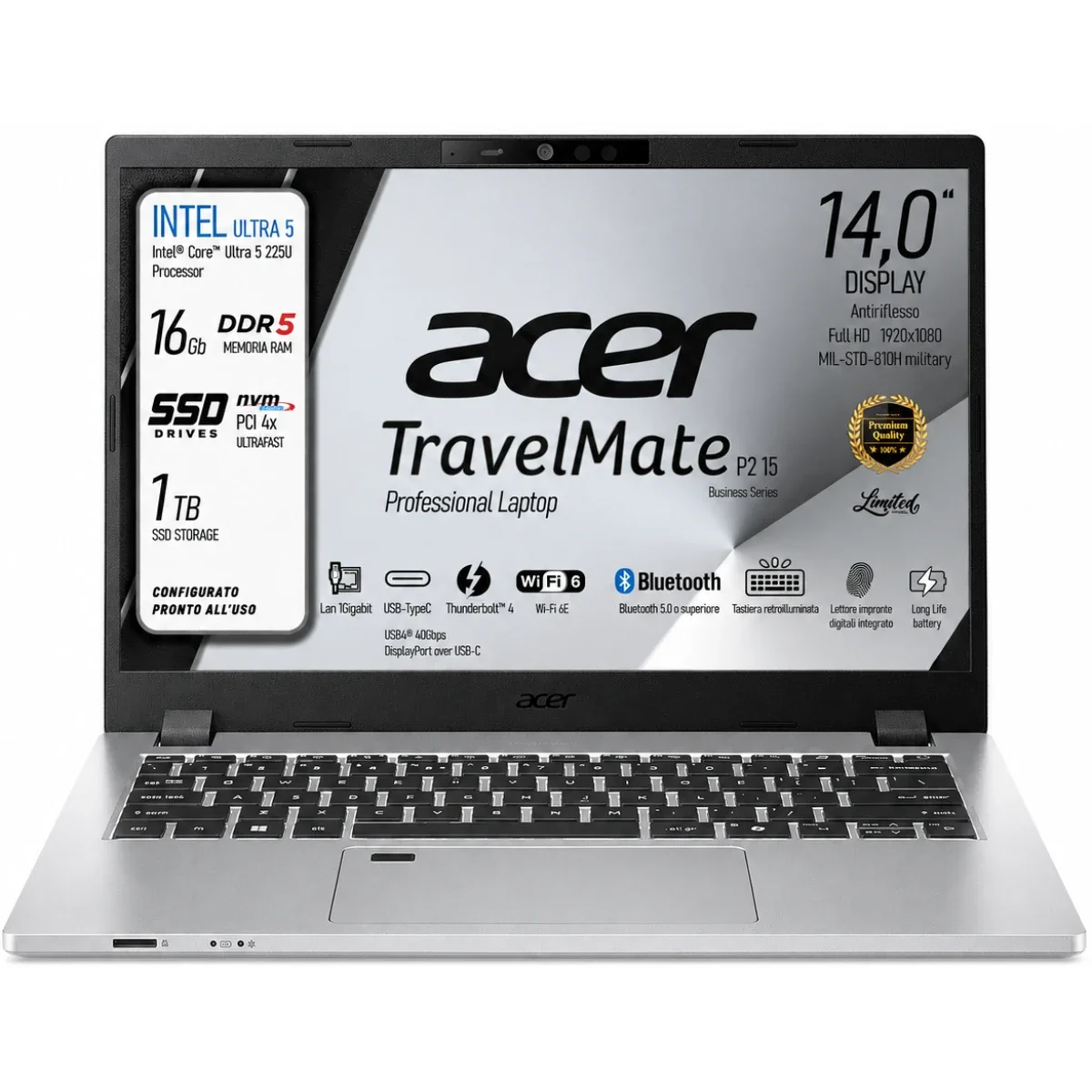 لابتوب أعمال Acer TravelMate P2 14 (2025) بمعالج Intel Core Ultra 5 225U و12 نواة، رام 16GB وSSD بسعة 1TB، فضي – TMP214-56-G2-TCO-56R3