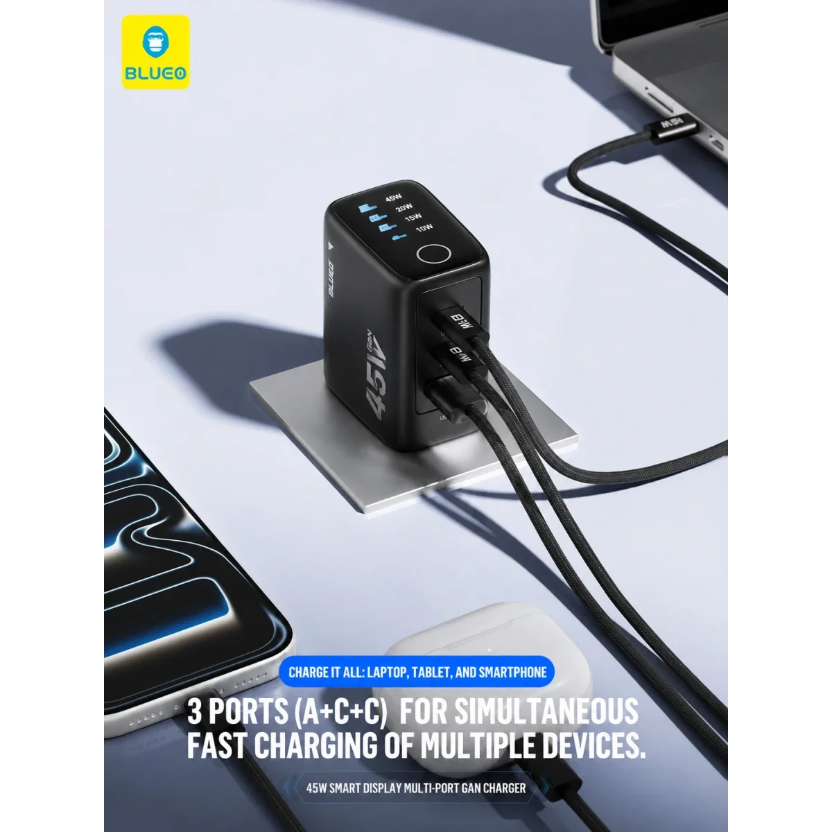 شاحن جداري BLUEO LC013 Mr. Gorilla بقدرة 45 واط بتقنية GaN وشاشة ذكية - أسود - Image 5