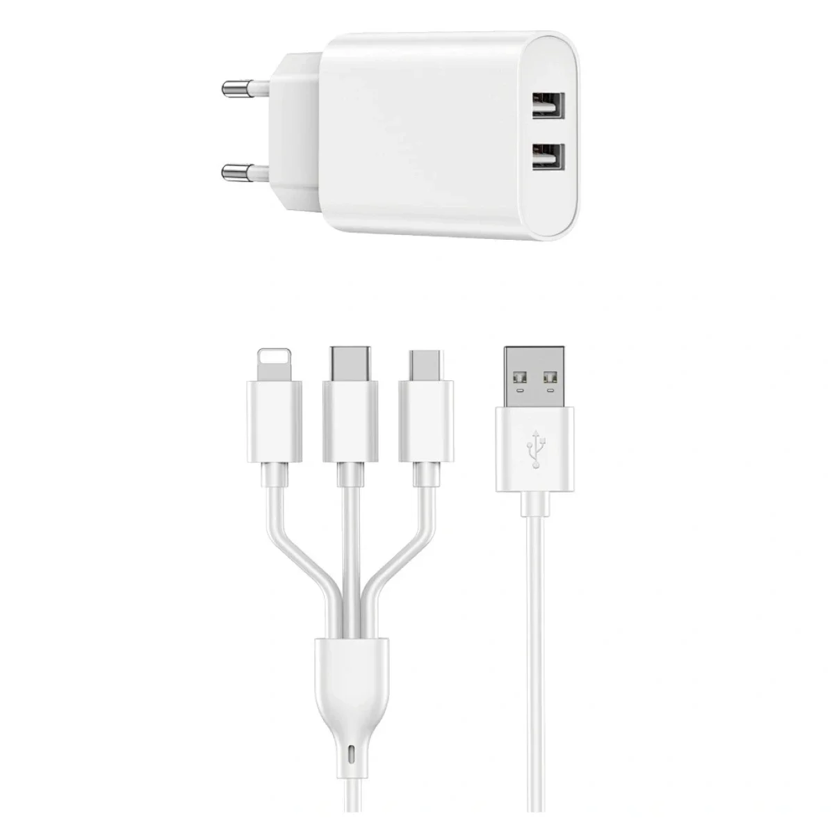 WIWU Wi-U003 Quick Series Dual USB Charger with 3-in-1 Cable, White - Thumbnail 2