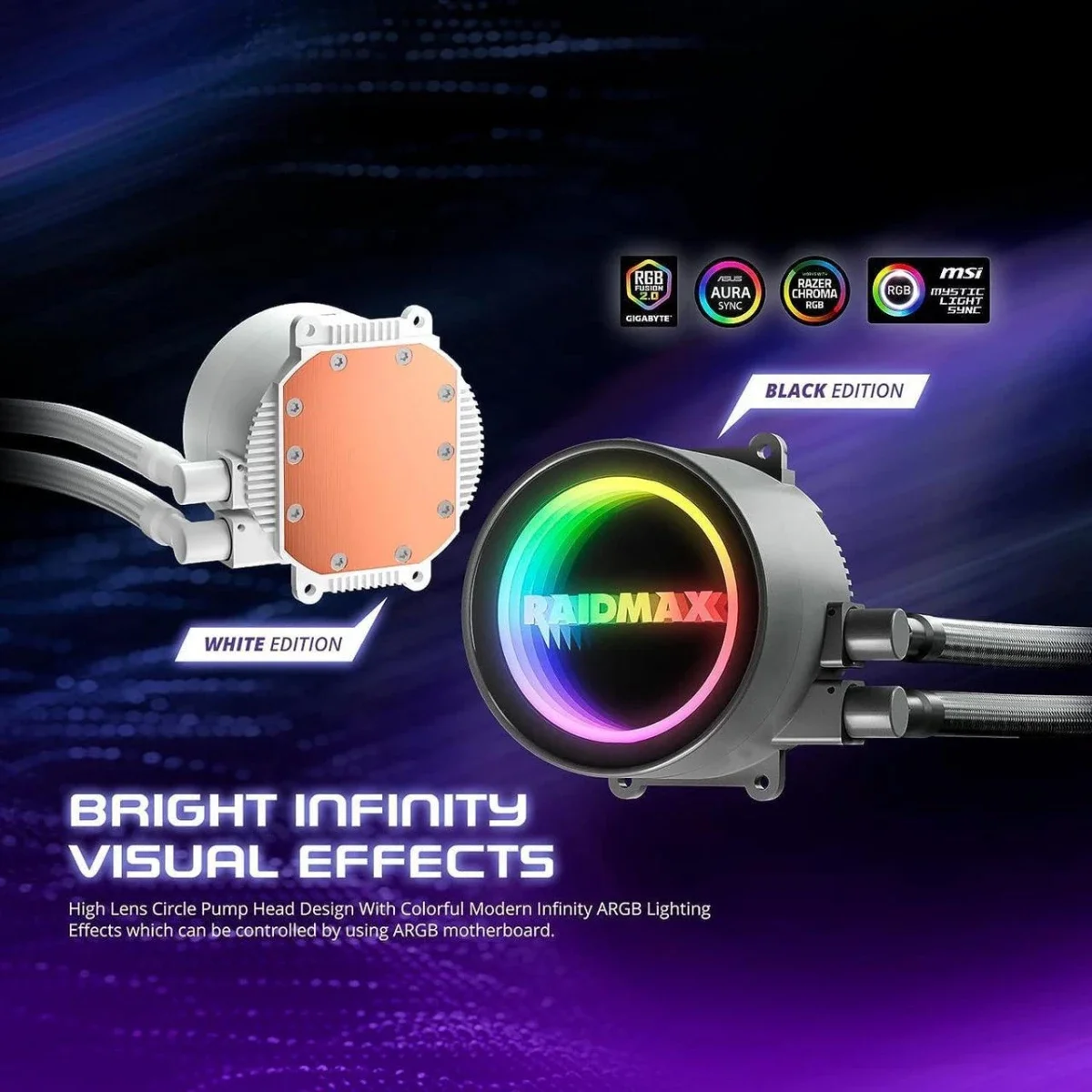 مبرد مائي AIO Raidmax Infinita LS360 بحجم 360mm وإضاءة ARGB باللون الأبيض - Image 2