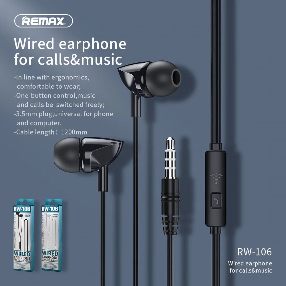 Remax RW-106 Wired In-Ear Earphones with HD Mic, 3.5mm Jack - Black - Image 4