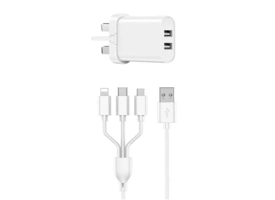 شاحن حائط WIWU Wi-U003 Quick Series بمنفذي USB مع كابل شحن وبيانات 3 في 1، قابس بريطاني، أبيض - Image 6
