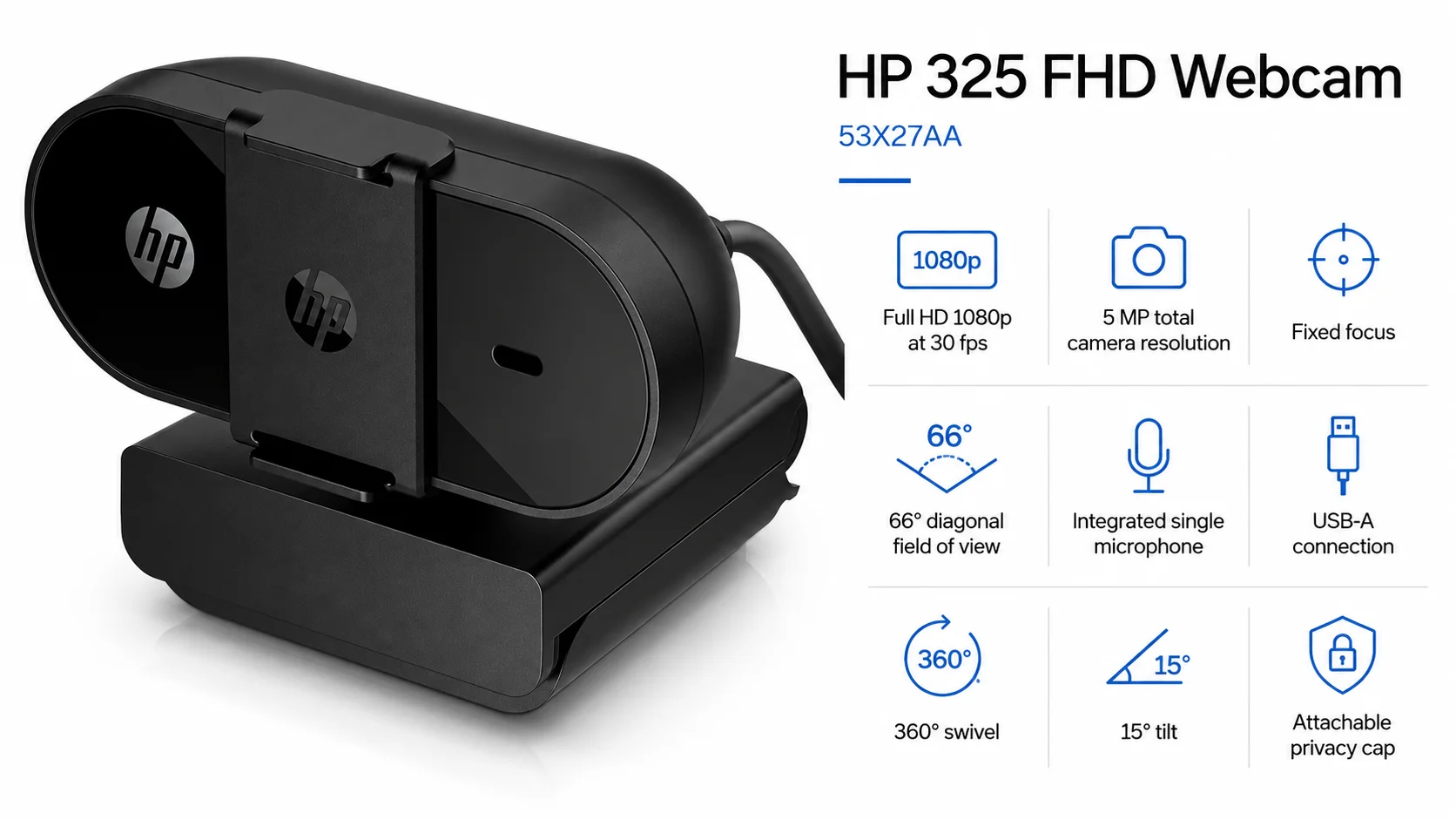 HP 325 FHD Webcam, 1920 x 1080, 66° Field of View, Built-in Microphone - Thumbnail 6