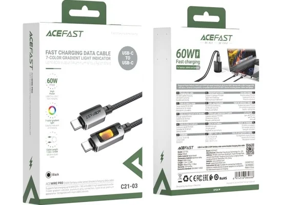 كابل ACEFAST C21-03 مضفر USB-C إلى USB-C بطول 1.2 متر وقدرة 60 واط بإضاءة ملونة - أسود - Thumbnail 8