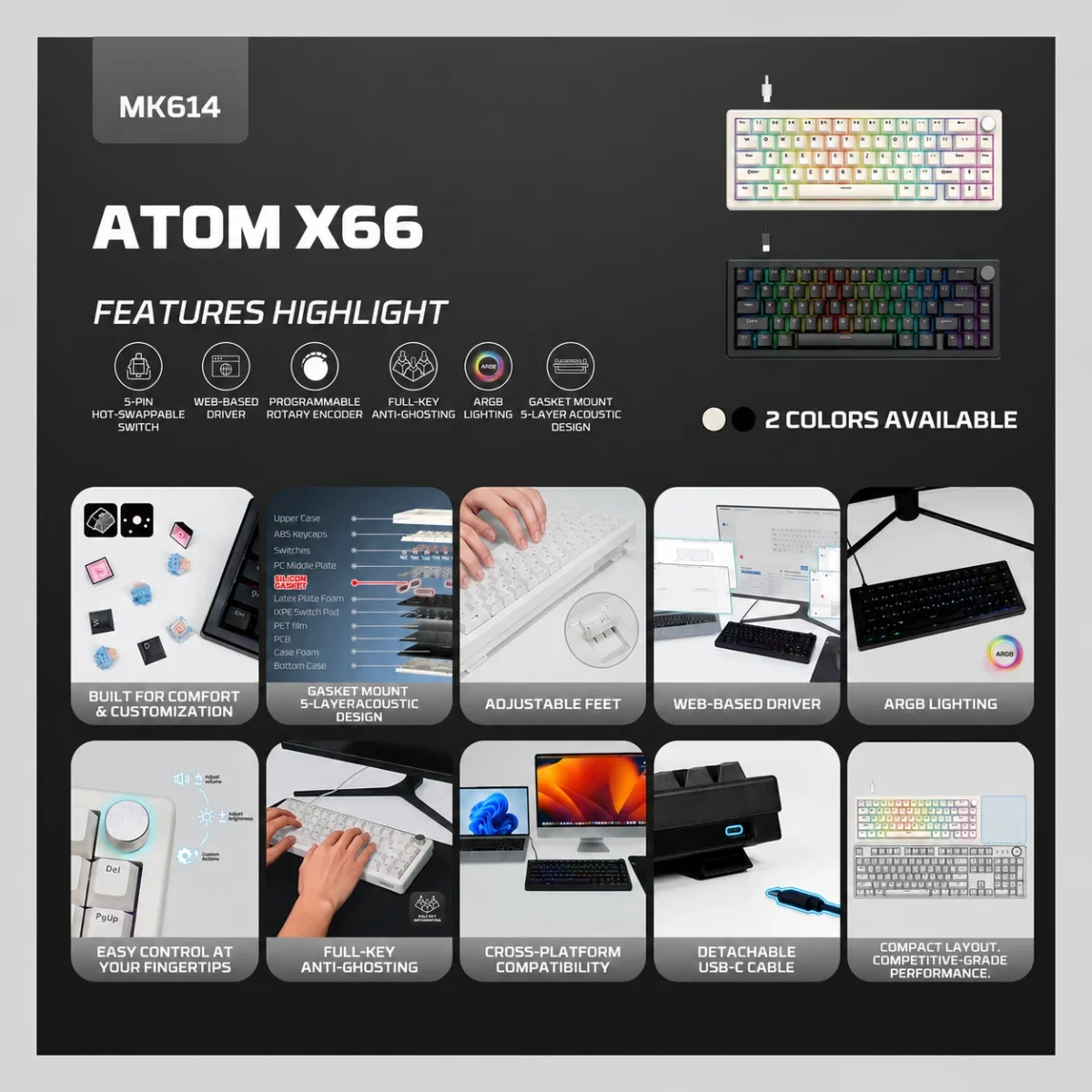 Fantech RETRO Beige Wired Mechanical Gaming Keyboard with Ice Apricot Switches - ATOM X66 MK614 - Thumbnail 4