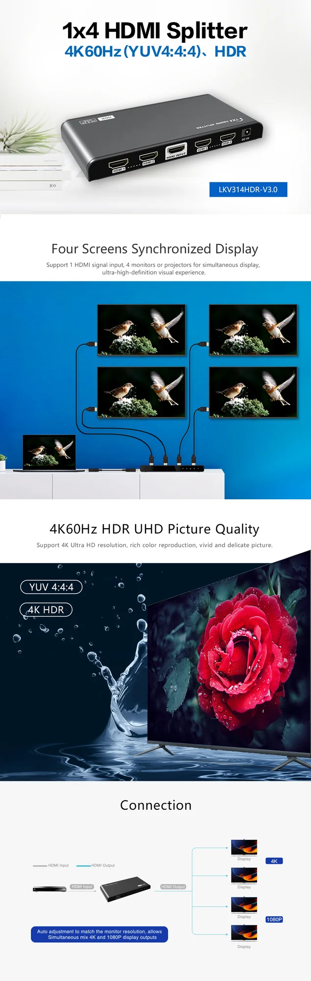 مقسم HDMI Lenkeng LKV314HDR من 1 إلى 4 بدقة 4K ومعدل 60Hz وHDR - Thumbnail 4
