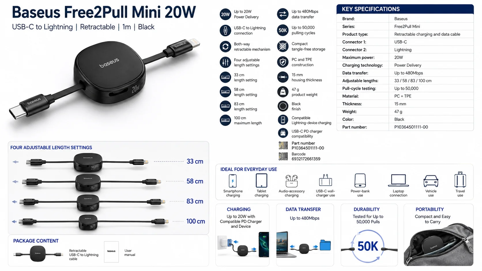 كابل Baseus Free2Pull Mini قابل للسحب من USB-C إلى Lightning بقدرة 20W وطول 1 متر أسود P10364501111-00 - Image 9