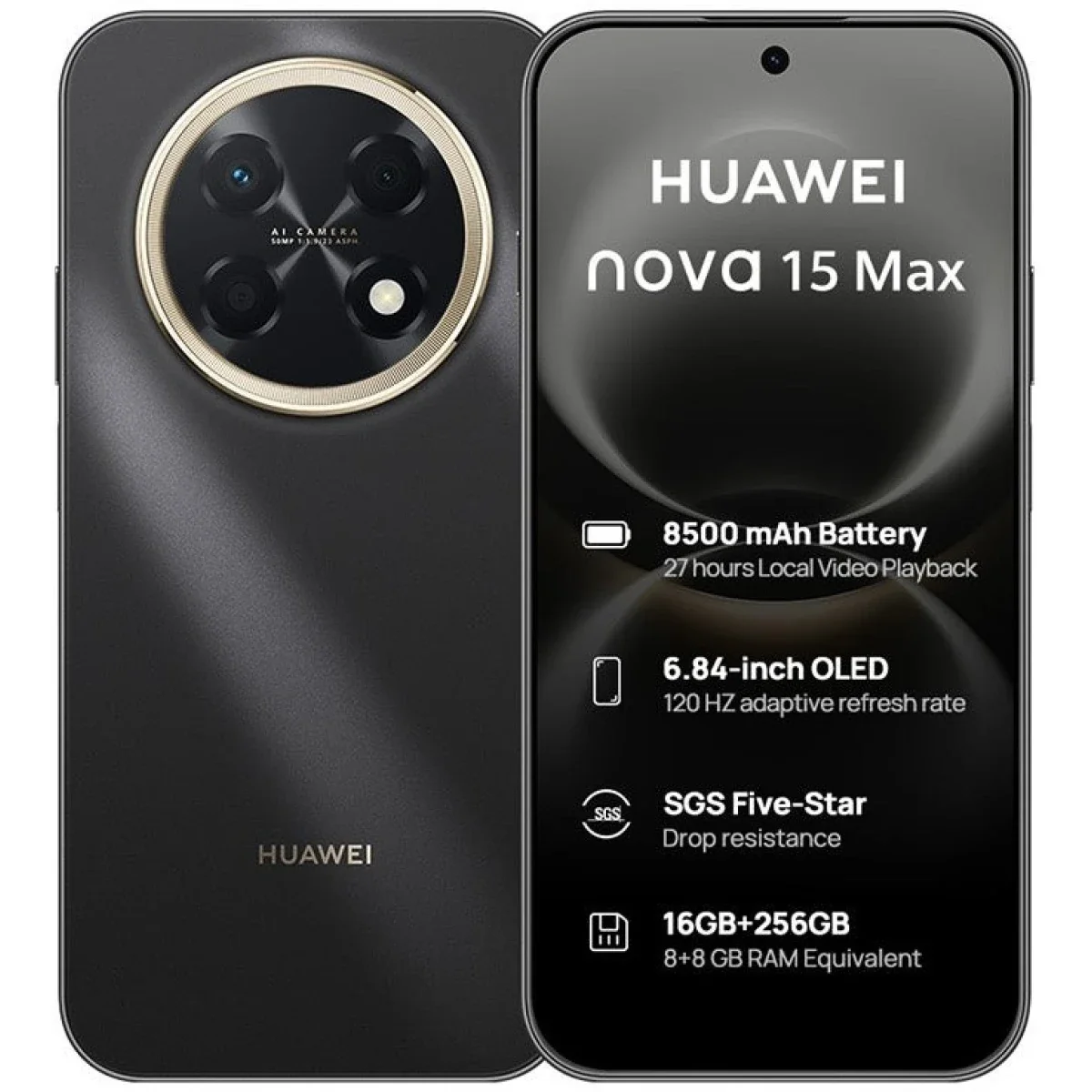 HUAWEI nova 15 Max Dual SIM Smartphone, 8GB RAM, 256GB Storage, 120Hz OLED, 50MP Camera, Golden Black