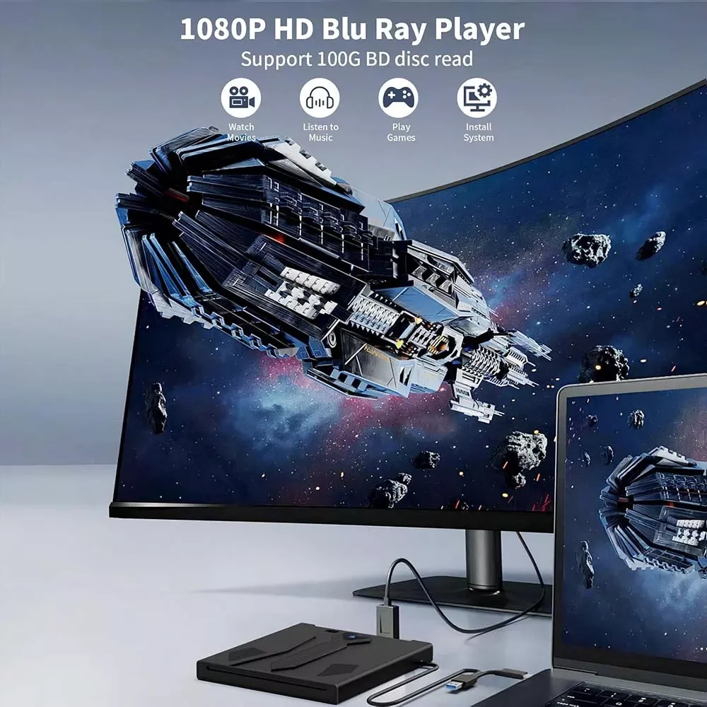 قارئ وناسخ أقراص Wbacon 31BA خارجي نحيف CD/DVD/Blu-ray بمنفذ USB 3.0 Type-C - Image 4