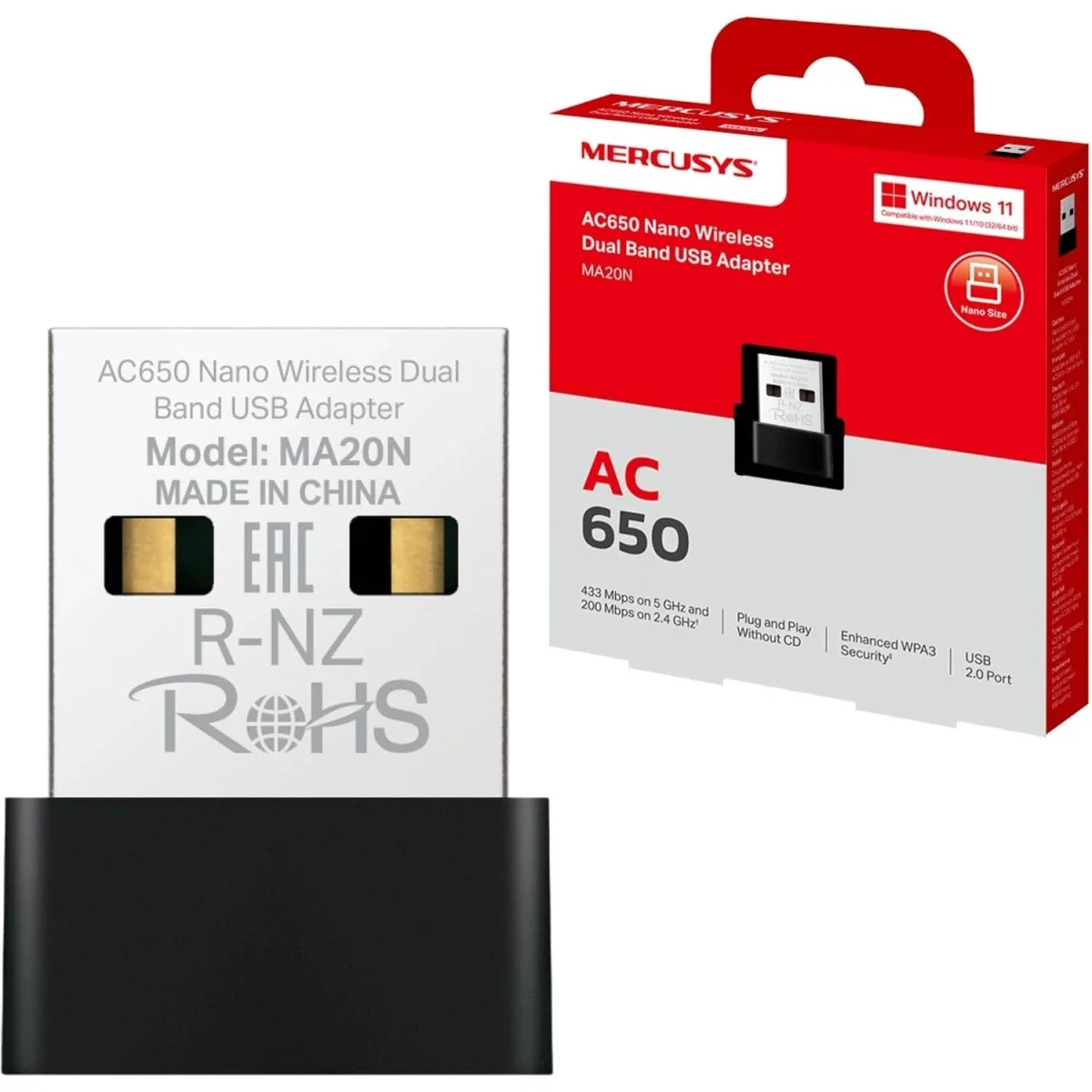 محول واي فاي MERCUSYS MA20N V1 AC650 نانو USB للكمبيوتر واللابتوب، ثنائي النطاق، Windows 10/11، WPA3