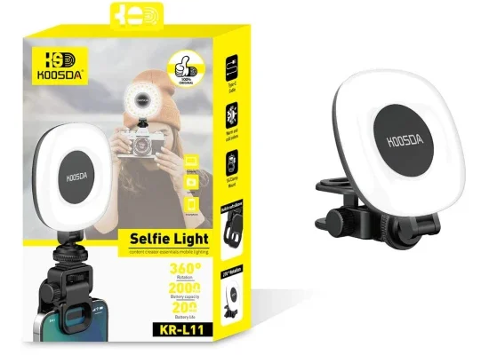 KOOSDA KR-L11 Rechargeable LED Selfie Fill Light, Clip-On, 9 Brightness Levels, 3 Color Modes - Thumbnail 4