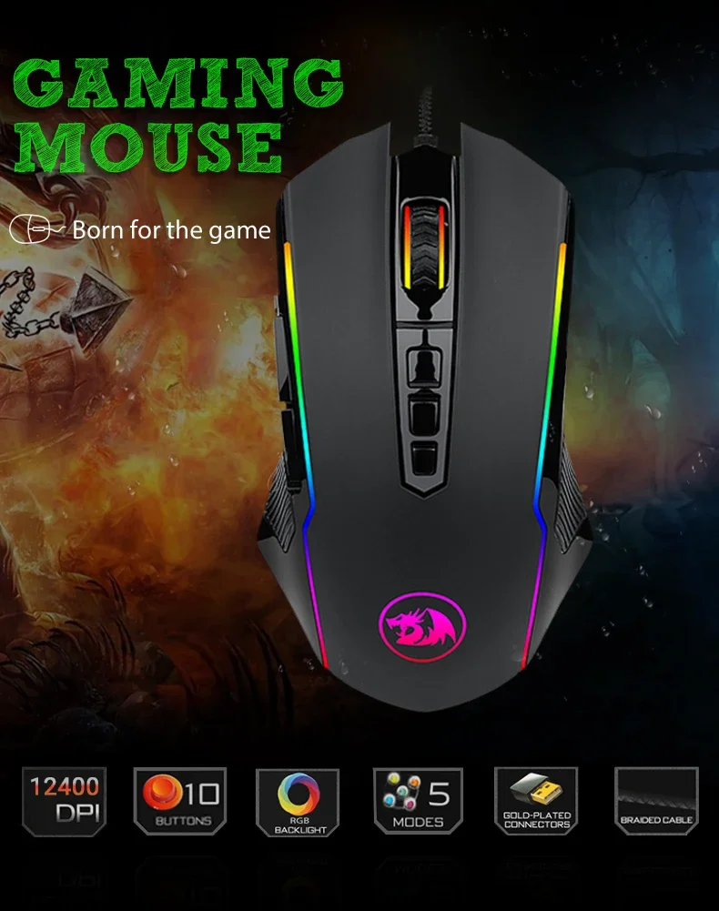 ماوس ألعاب سلكي Redragon M910 Ranger بإضاءة RGB ودقة 8000 DPI و9 أزرار قابلة للبرمجة - Thumbnail 5