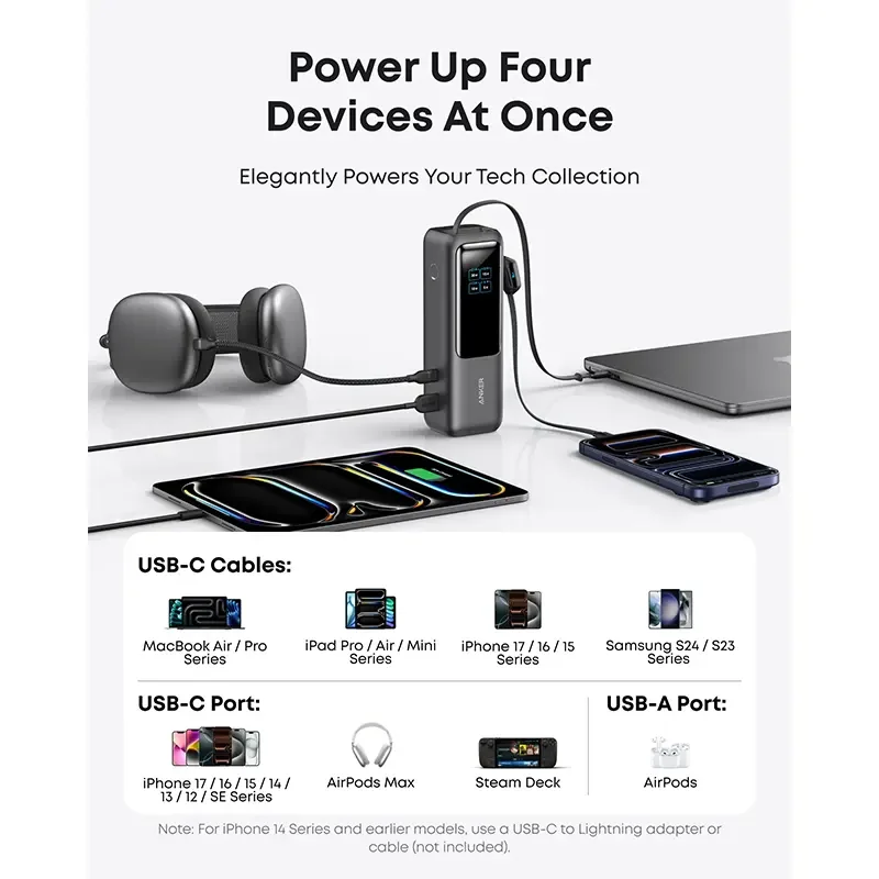 باور بانك للابتوب Anker A1695H41 سعة 25K وقدرة 165 واط بكابلات USB-C مدمجة وقابلة للسحب – فضي - Thumbnail 5