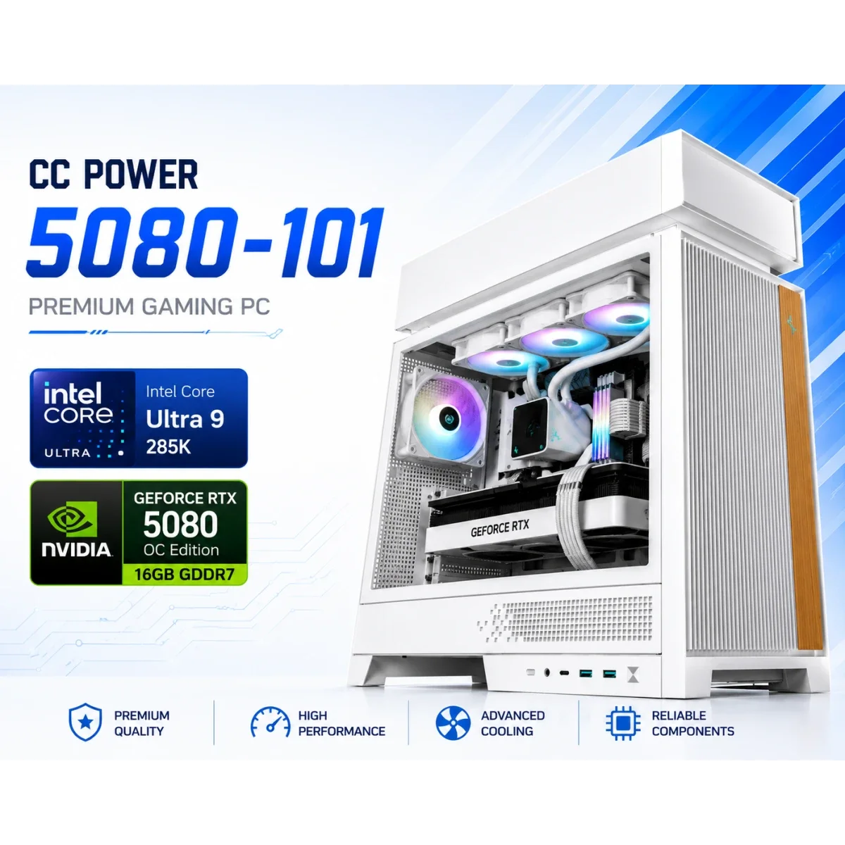 كمبيوتر ألعاب CC POWER 5080-101 بمعالج Core Ultra 9 285K وبطاقة RTX 5080 وذاكرة 32GB وتخزين 1TB NVMe