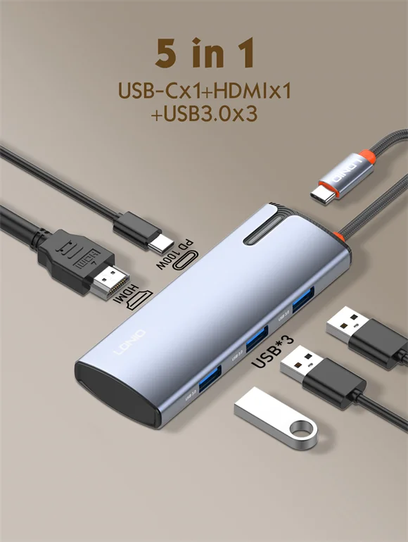 LDNIO DS-15H 5-in-1 USB-C Hub Docking Station 100W PD HDMI USB 3.0 Gray - Image 7