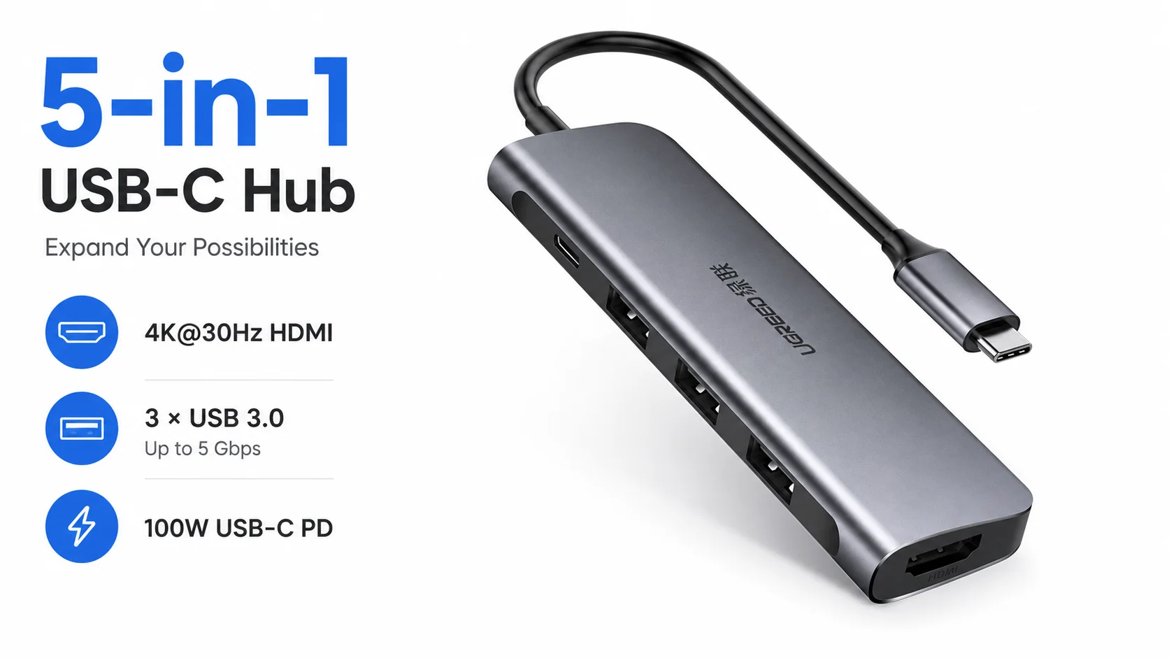 موزع Ugreen 50209 USB-C 5 في 1 مع HDMI بدقة 4K@30Hz و3 منافذ USB 3.0 وشحن PD بقدرة 100 واط - Image 5