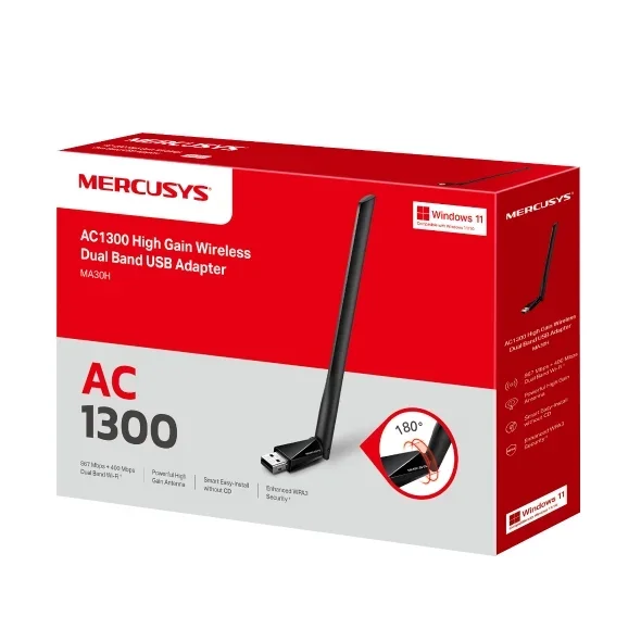 محول واي فاي USB MERCUSYS MA30H AC1300 ثنائي النطاق بهوائيات عالية الكسب - Image 3