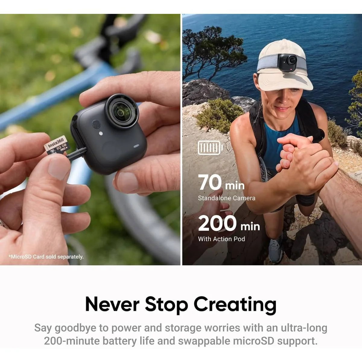 كاميرا Insta360 GO Ultra للتصوير بدون استخدام اليدين 4K60fps، مستشعر 1/1.28 إنش، شريحة AI بدقة 5nm، Action Pod، تثبيت مغناطيسي، مقاومة للماء IPX8، أسود - Thumbnail 4