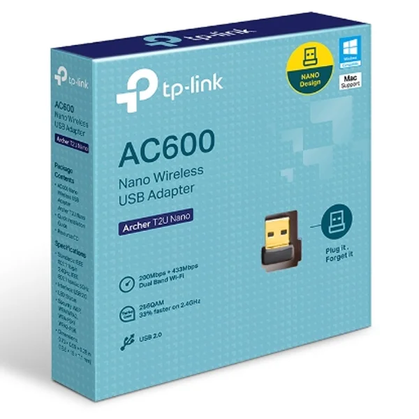 لاقط الواي فاي USB لاسلكي مزدوج النطاق TP-LINK Archer T2U Nano AC600 - Thumbnail 2
