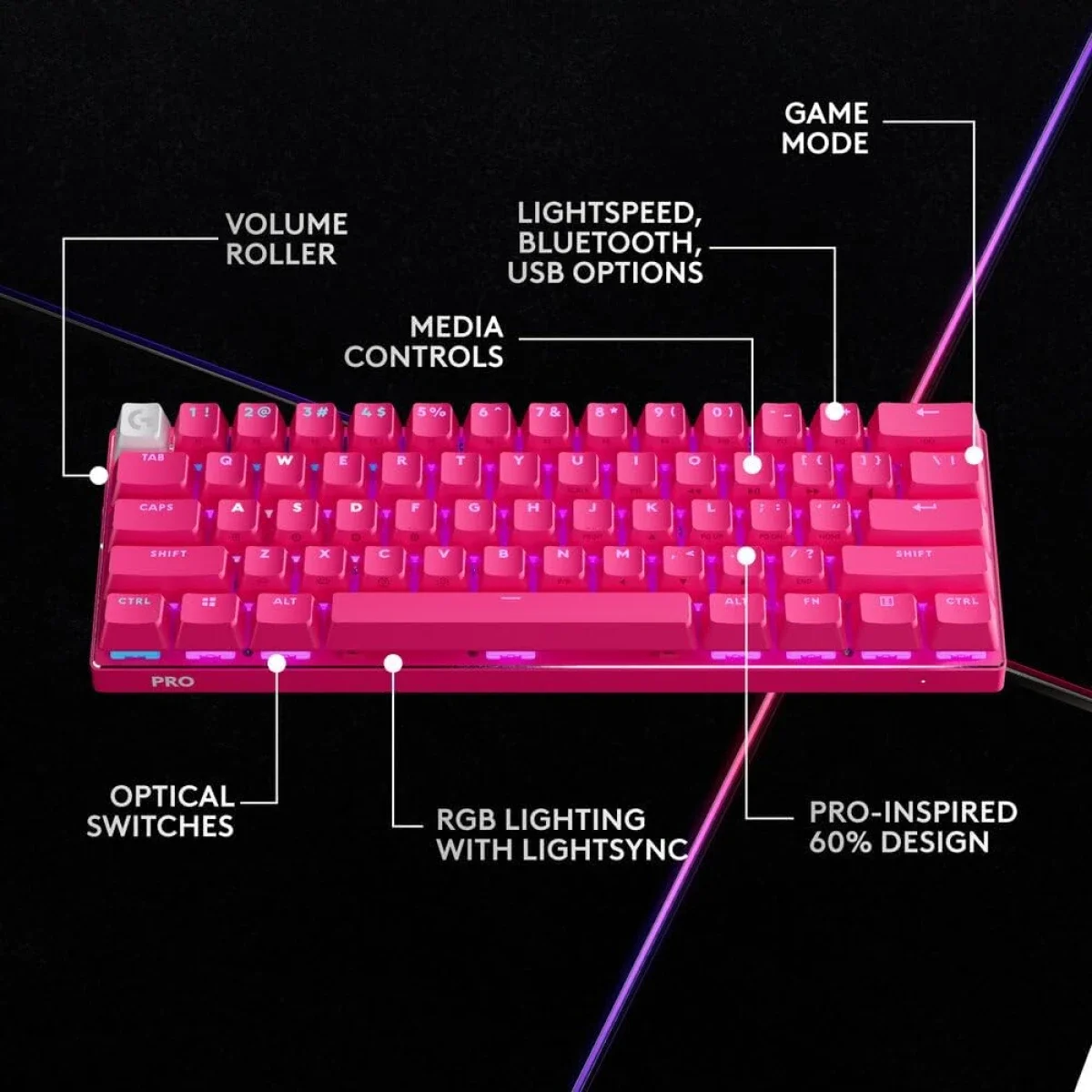 لوحة مفاتيح ألعاب Logitech G PRO X 60 LIGHTSPEED ميكانيكية لاسلكية 60% بمفاتيح GX البصرية اللمسية - أرجواني - Thumbnail 5