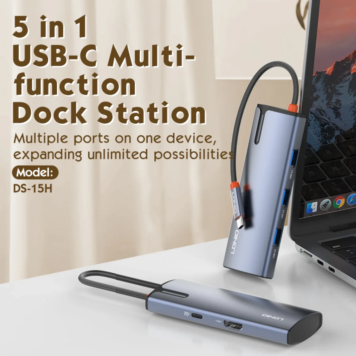 LDNIO DS-15H 5-in-1 USB-C Hub Docking Station 100W PD HDMI USB 3.0 Gray
