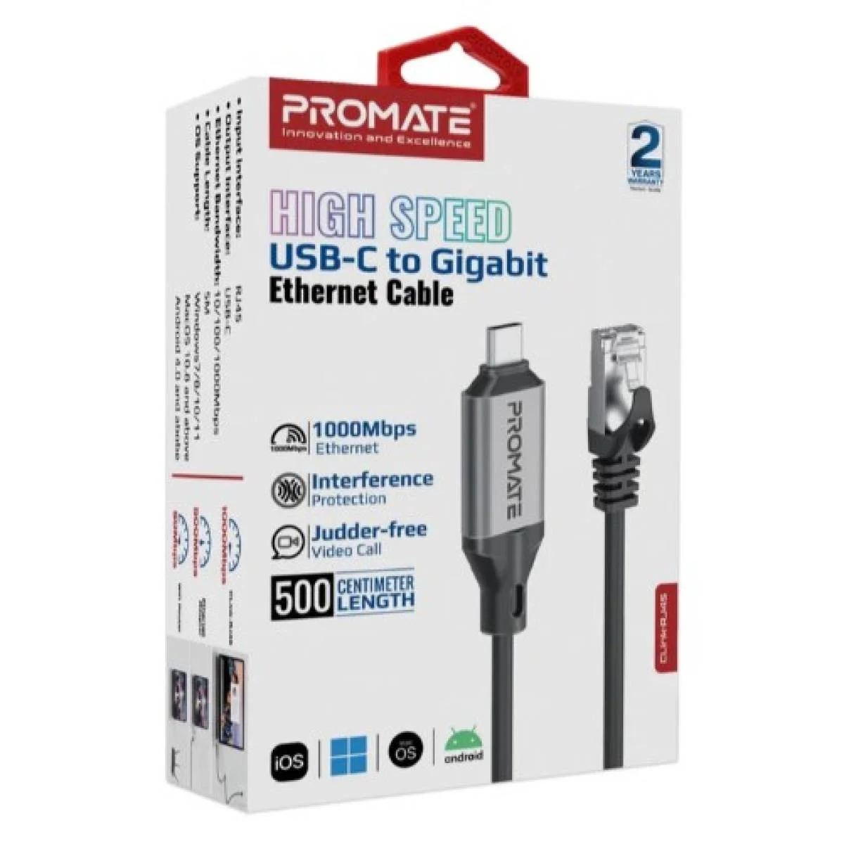 كابل محول إيثرنت Promate CLink-RJ45 إلى USB-C بطول 5 متر بسرعة 1000Mbps - Image 2