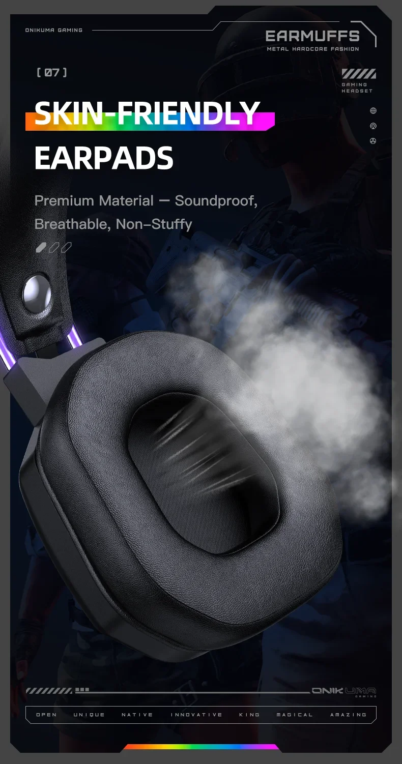 ONIKUMA X89 Gaming Headset with 3.5mm Jack, Surround Sound and RGB Lighting - Black - Thumbnail 17