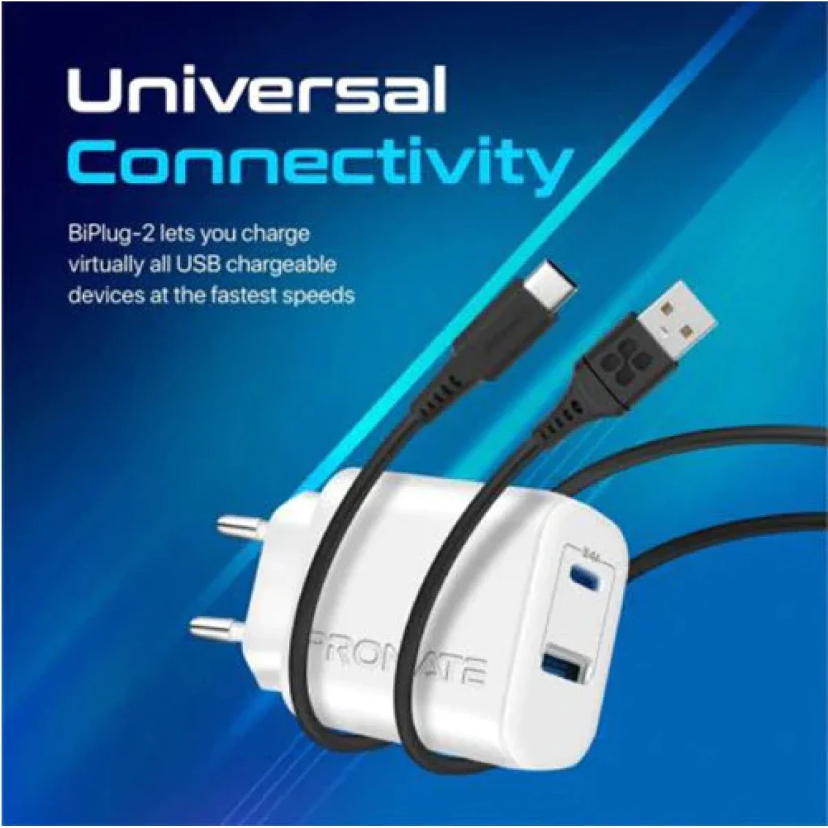 شاحن حائط Promate BiPlug-2 ثنائي المنافذ USB-C وUSB-A بقدرة 17 واط قابس أوروبي - أبيض - Thumbnail 3