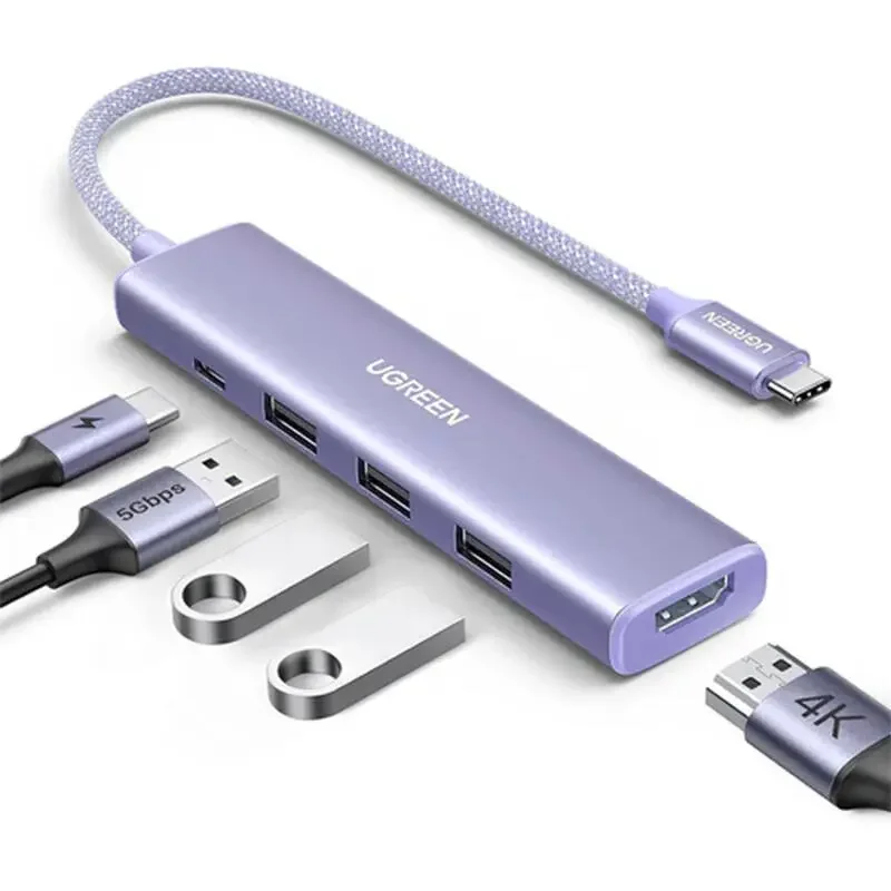 محول Ugreen متعدد المنافذ من USB-C إلى 5 منافذ بدقة 4K 30Hz وقدرة 100W PD و3 منافذ USB-A - بنفسجي - Image 1