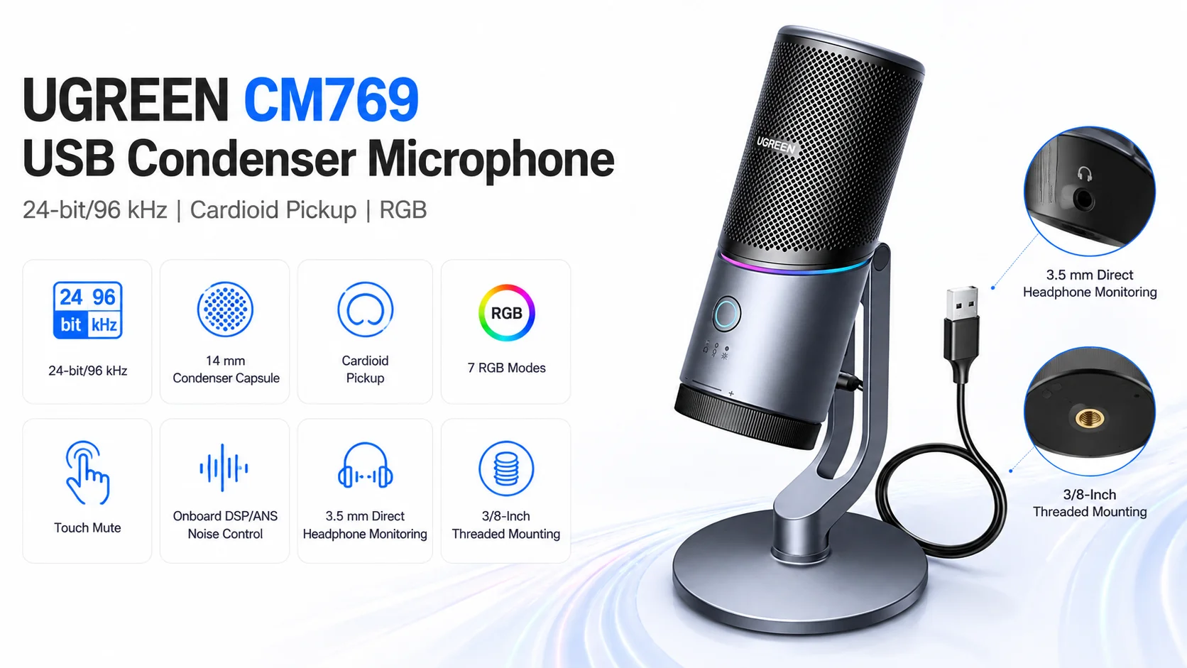 Ugreen CM769 USB Condenser Microphone with RGB, 24-bit/96 kHz Cardioid Pickup - Dark Gray - Image 11