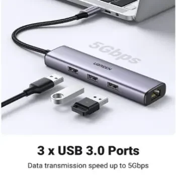Ugreen 60600 USB-C to RJ45 Gigabit Ethernet Adapter with 3 USB-A 3.0 Ports - Image 3