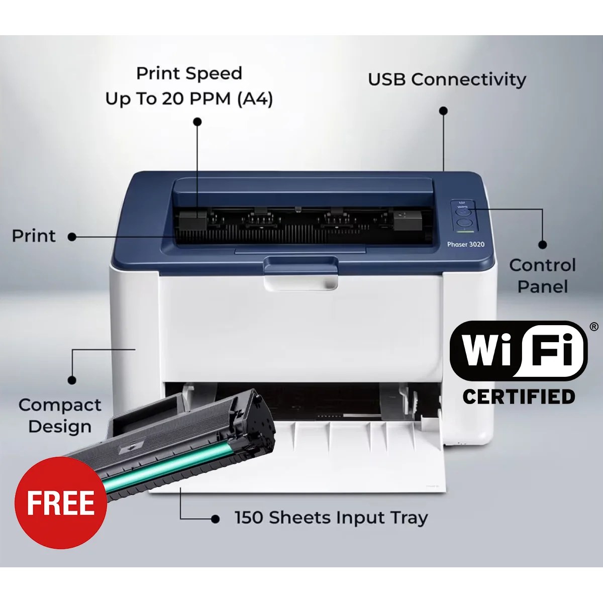 طابعة ليزر أحادية اللون Xerox Phaser 3020 صغيرة 20 صفحة بالدقيقة Wi‑Fi وUSB وذاكرة 128MB