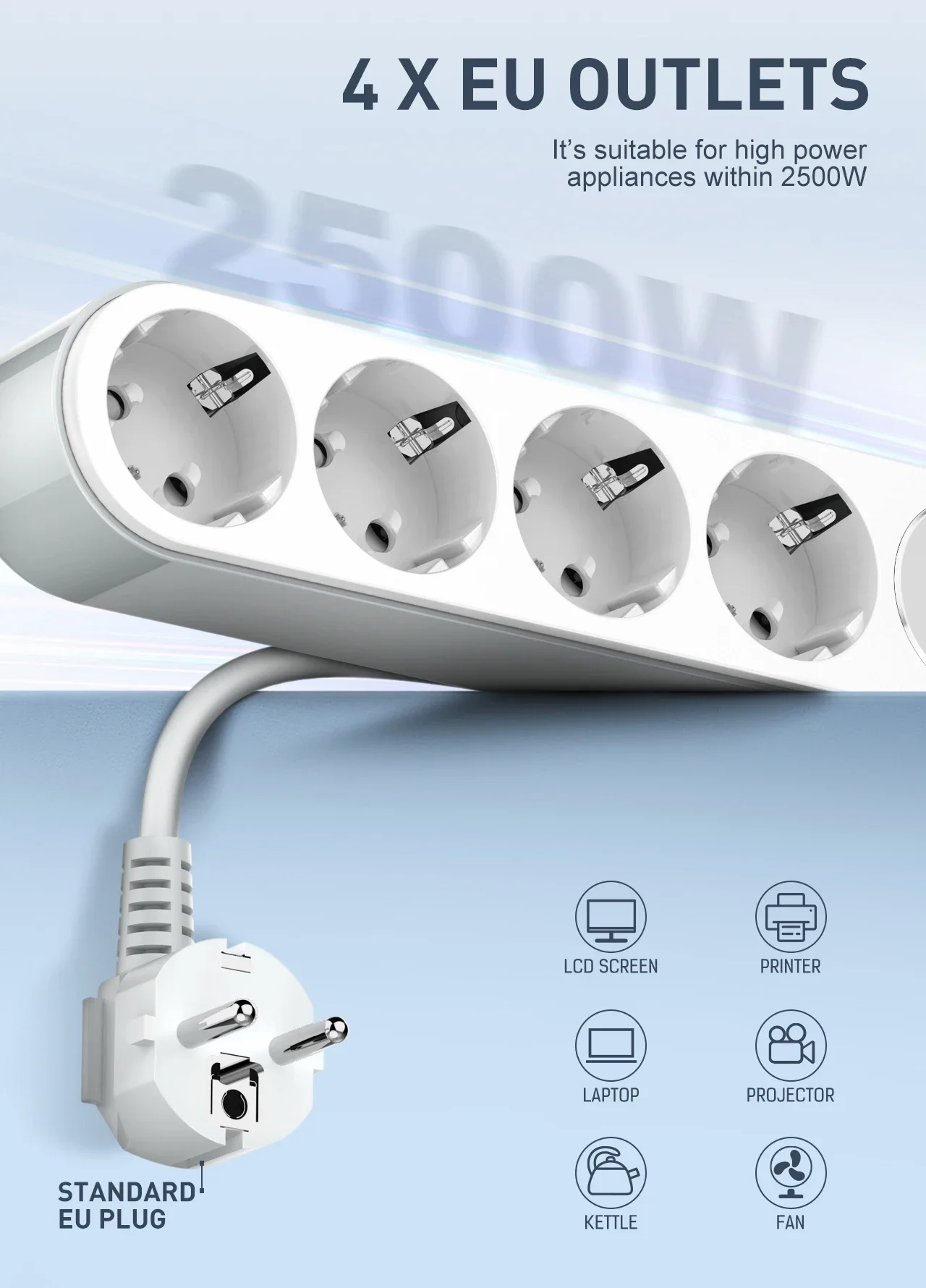LDNIO SE1-C 20W PD Power Strip with 4 EU Outlets and 4 USB Ports - White - Thumbnail 9