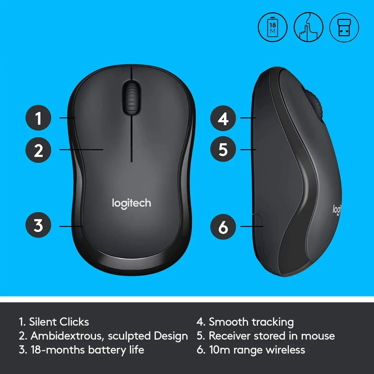Logitech M220 Silent Wireless Mouse with 18-Month Battery Life - Charcoal - Thumbnail 3