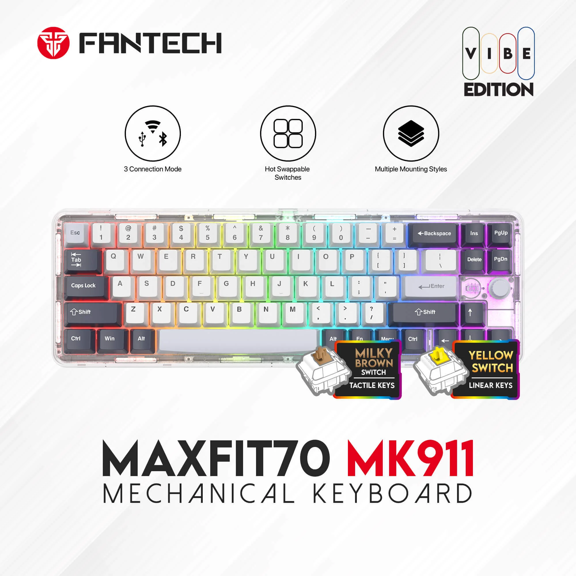 كيبورد ألعاب ميكانيكي اتصال ثلاثي (بلوتوث + لاسلكي + سلكي) Fantech MK911 - أزرار Double-Shot PBT - Epic Greyscale - Image 2