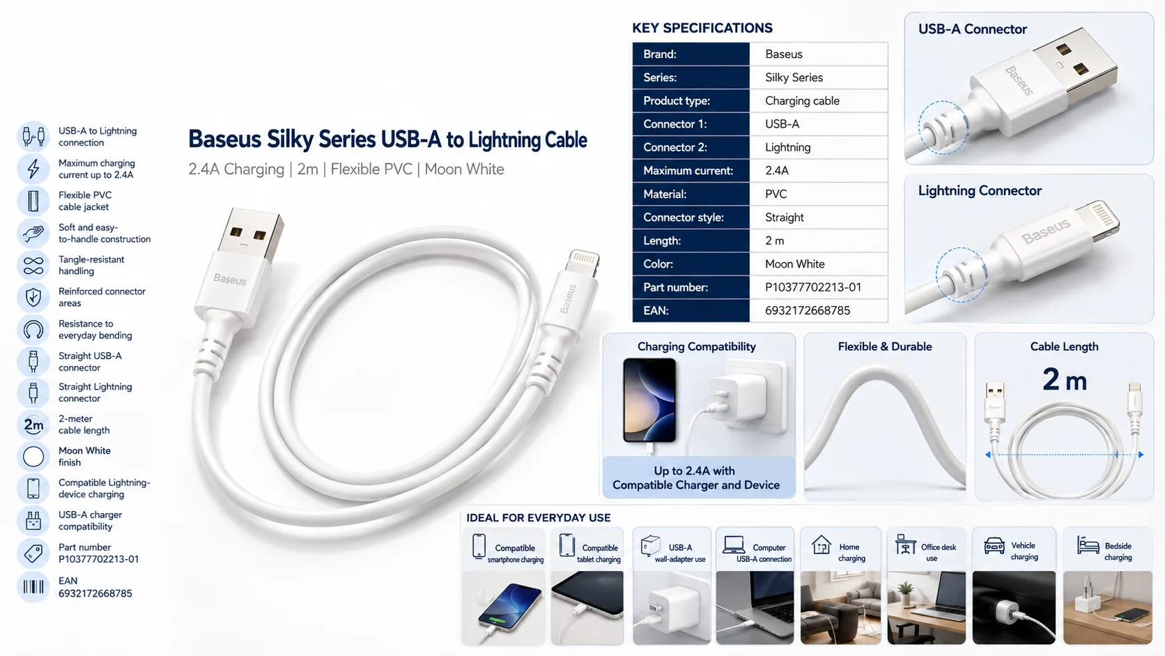كابل Baseus P10377702213-01 Silky Series من USB-A إلى Lightning 2.4A بطول 2 متر لون Moon White - Image 7