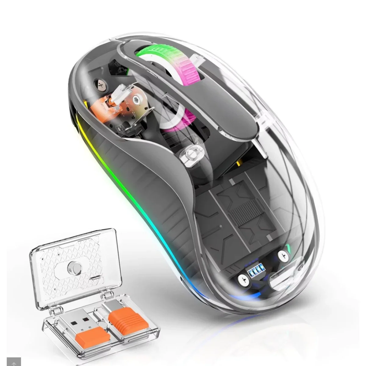 ماوس Coteci Crystal لاسلكي صامت بإضاءة RGB مع مستقبل مزدوج USB-A وType-C، بلوتوث 5.1، 2.4G، 2400 DPI