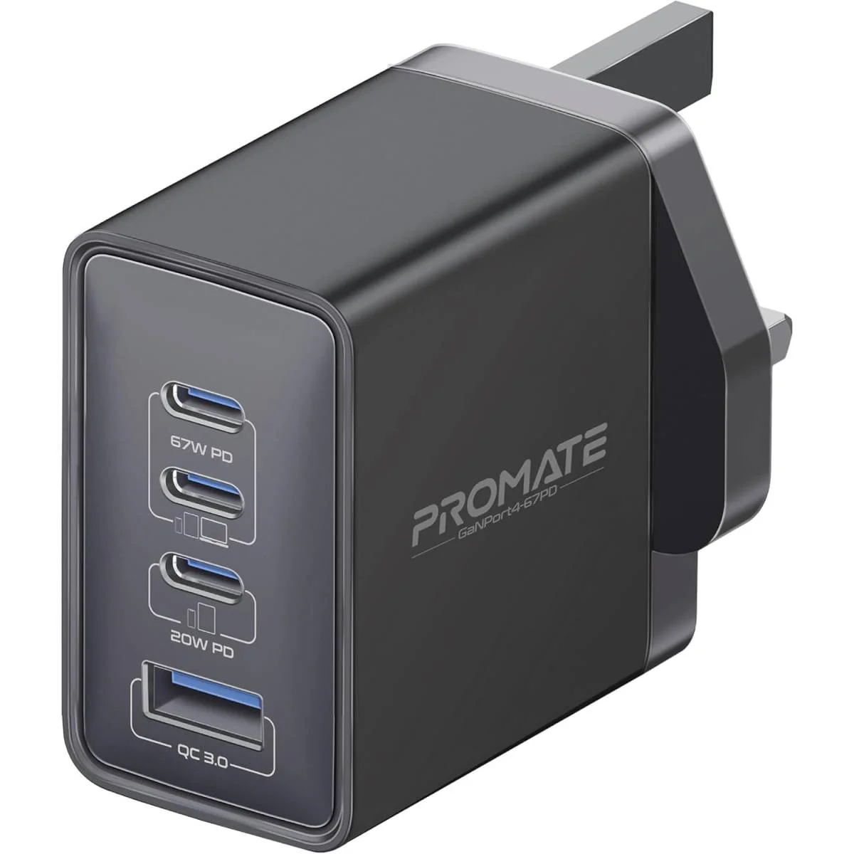 شاحن جداري Promate GaNPort4-67PD بتقنية GaN 67 واط، USB-C مزدوج PD و20 واط وQC 3.0 بقوة 22.5 واط، أسود